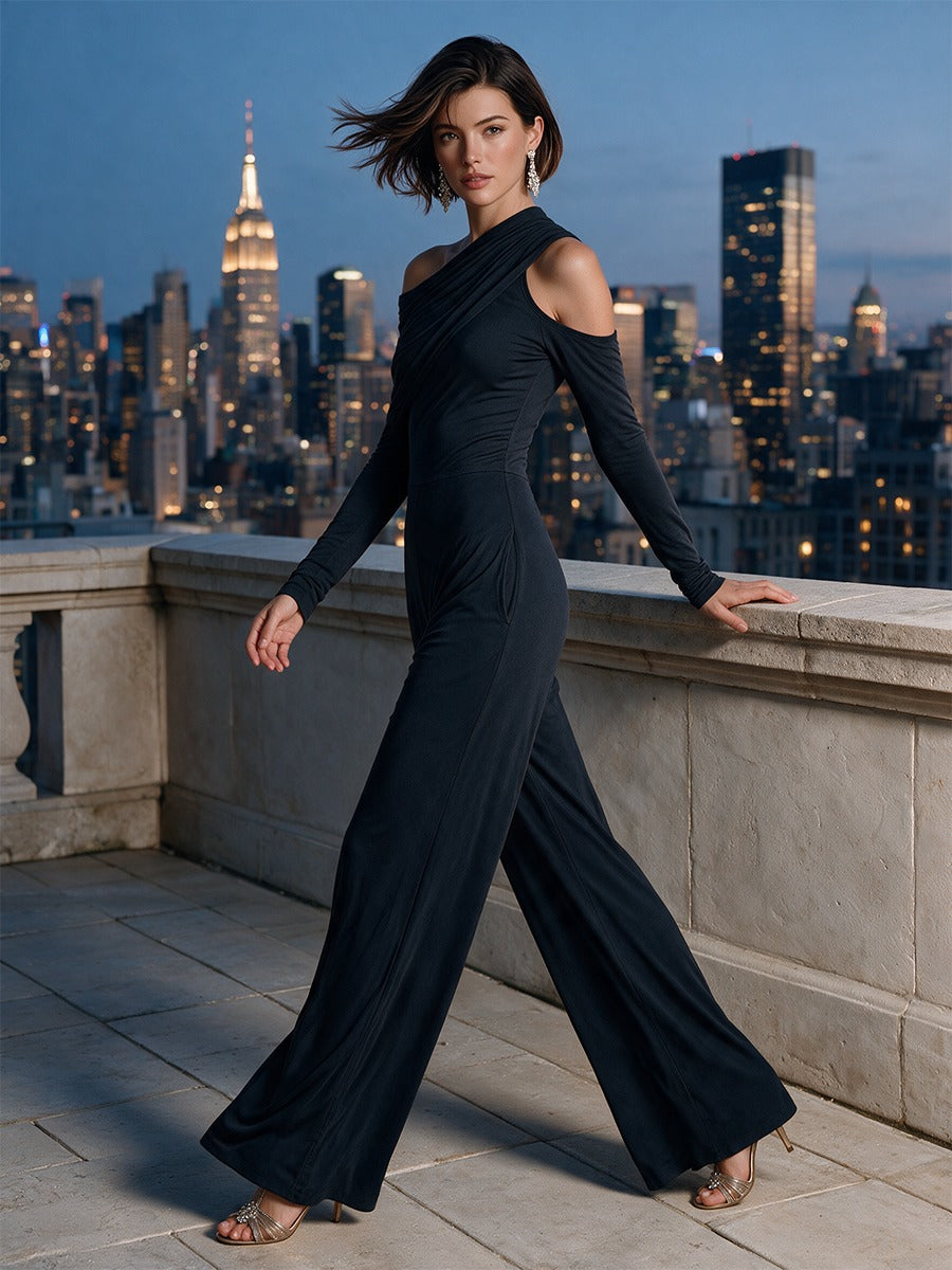 TEMPERANCE | ASYMMETRIC DRAPED WIDE-LEG JUMPSUIT