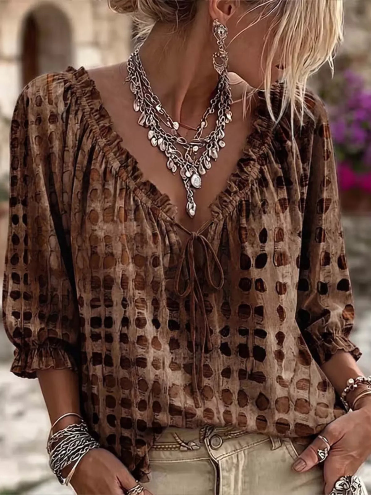 Harper Boho Blouse | Plus Size Abstract Print Tie-Neck Blouse