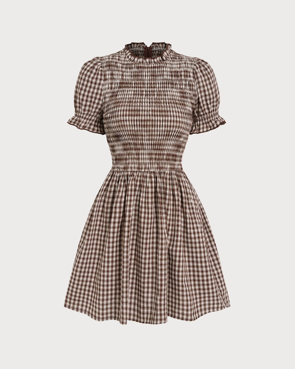 Marielle | Coffee Gingham Puffed Sleeve Mini Dress