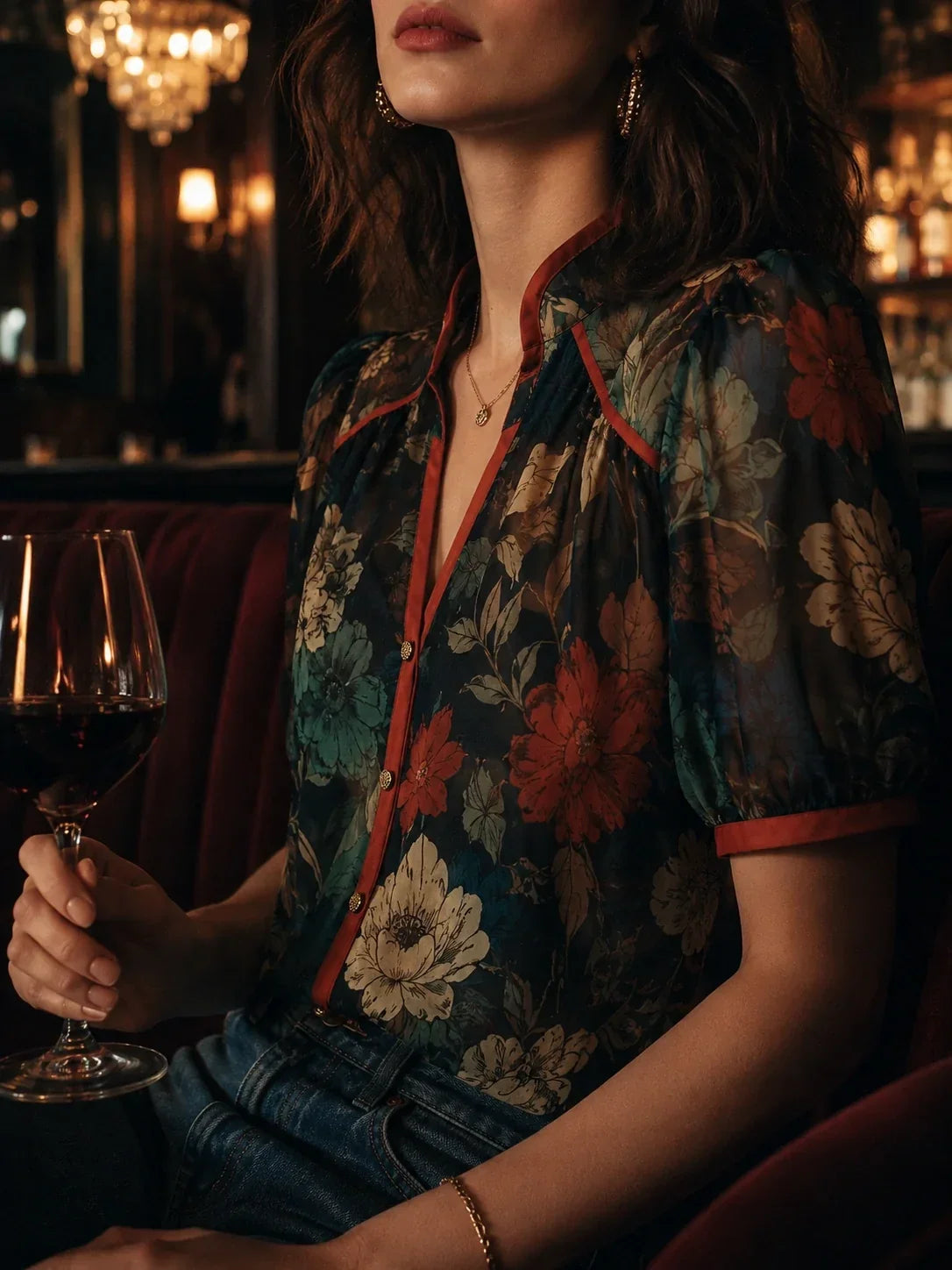 Vintage Botanical Puff Sleeve Blouse
