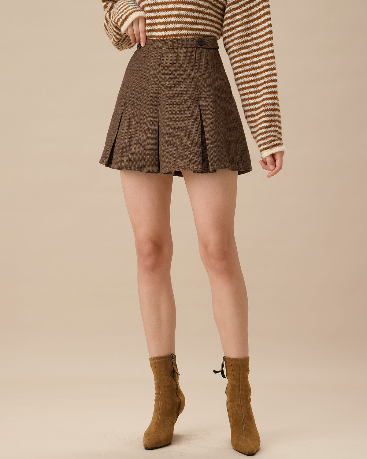 Cindy Brown Striped Pleated Mini Skirt
