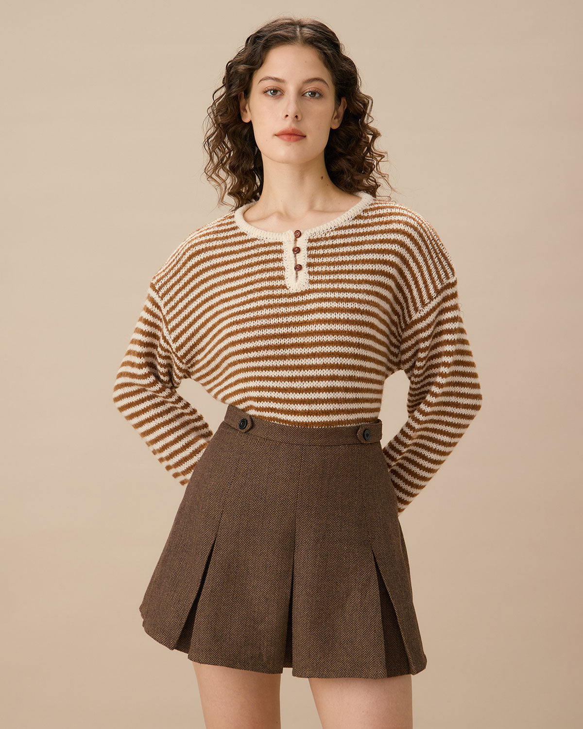 Cindy Brown Striped Pleated Mini Skirt