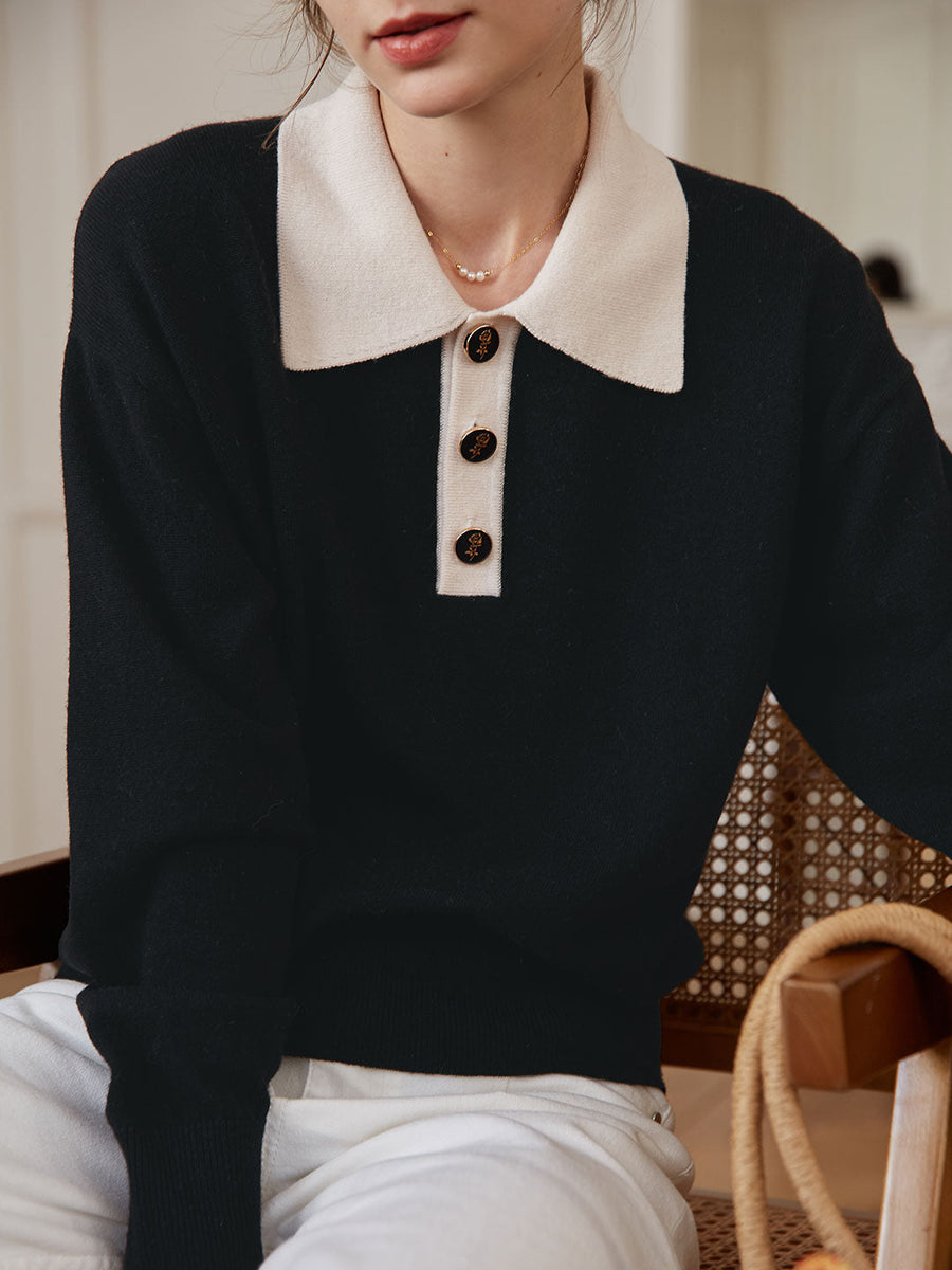Selena Polo Contrast Collar 100% Wool Knit Sweater