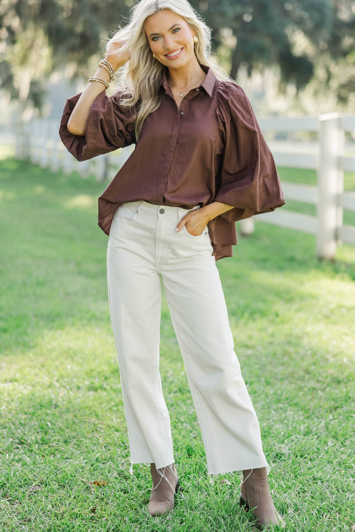 Claire | Brown Bubble Sleeve Blouse