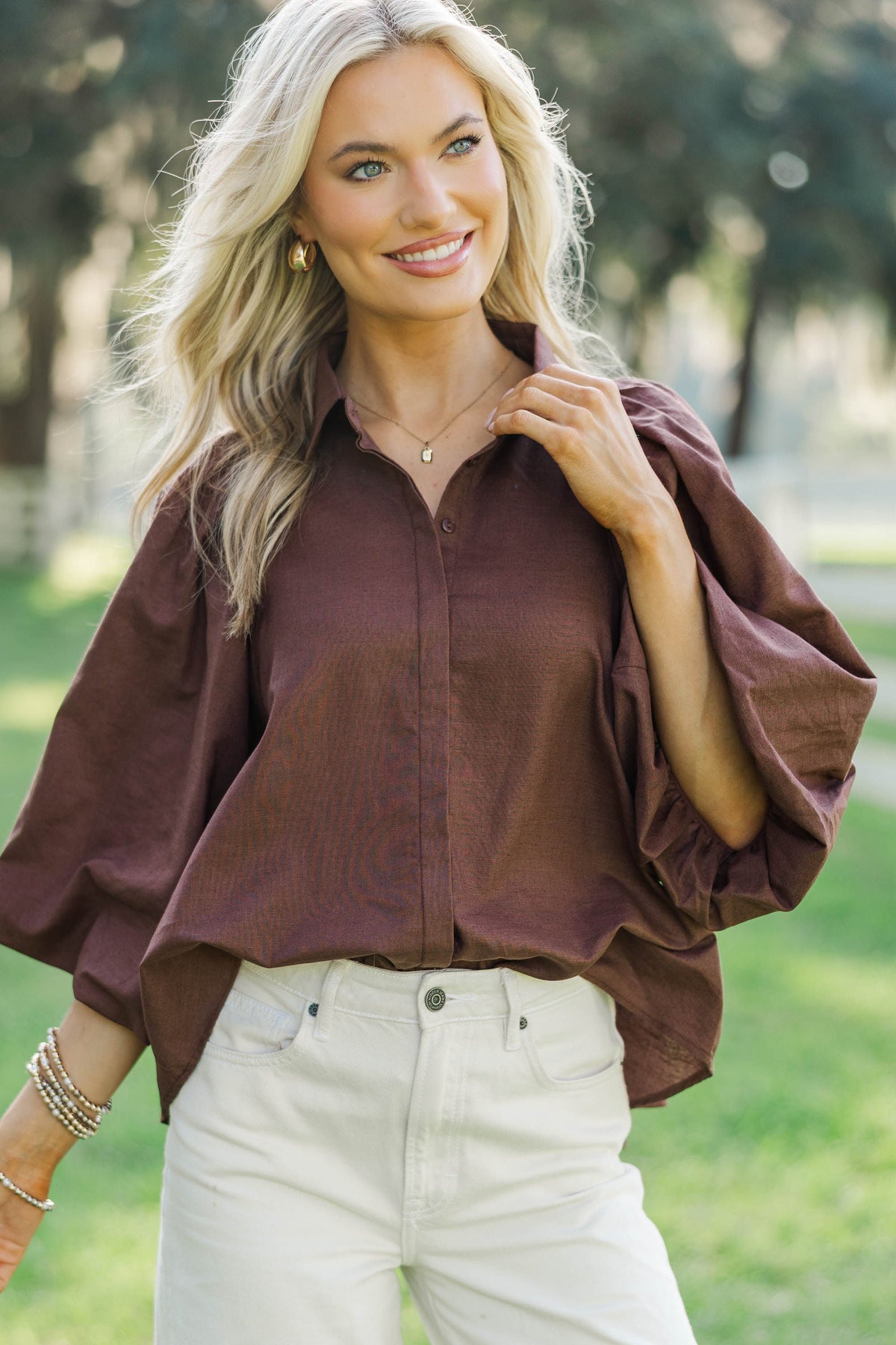 Claire | Brown Bubble Sleeve Blouse