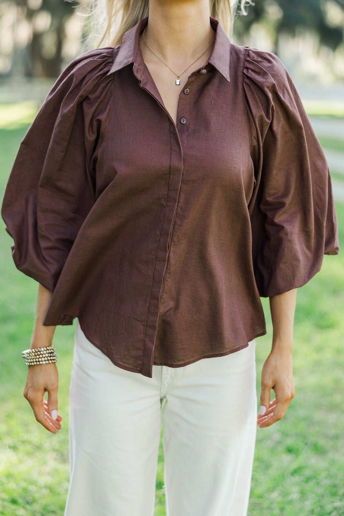 Claire | Brown Bubble Sleeve Blouse