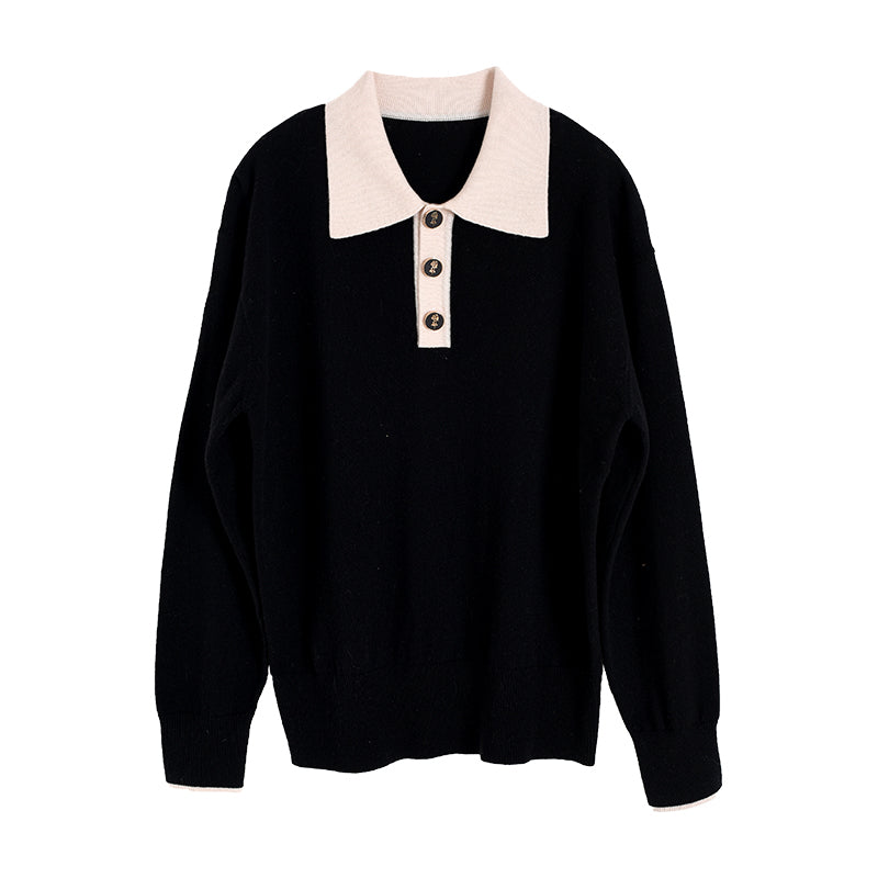 Selena Polo Contrast Collar 100% Wool Knit Sweater
