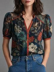 Vintage Botanical Puff Sleeve Blouse
