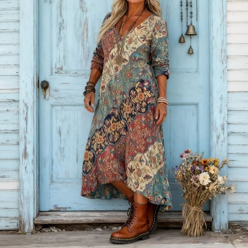 VERBENA | PATCHWORK PRINT V-NECK MAXI DRESS