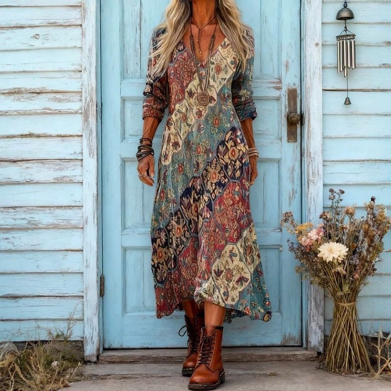 VERBENA | PATCHWORK PRINT V-NECK MAXI DRESS