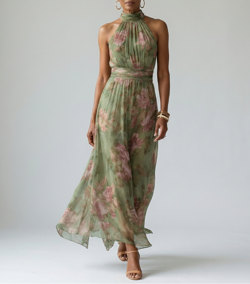 Serena™ | Long green floral chiffon dress with halter neck