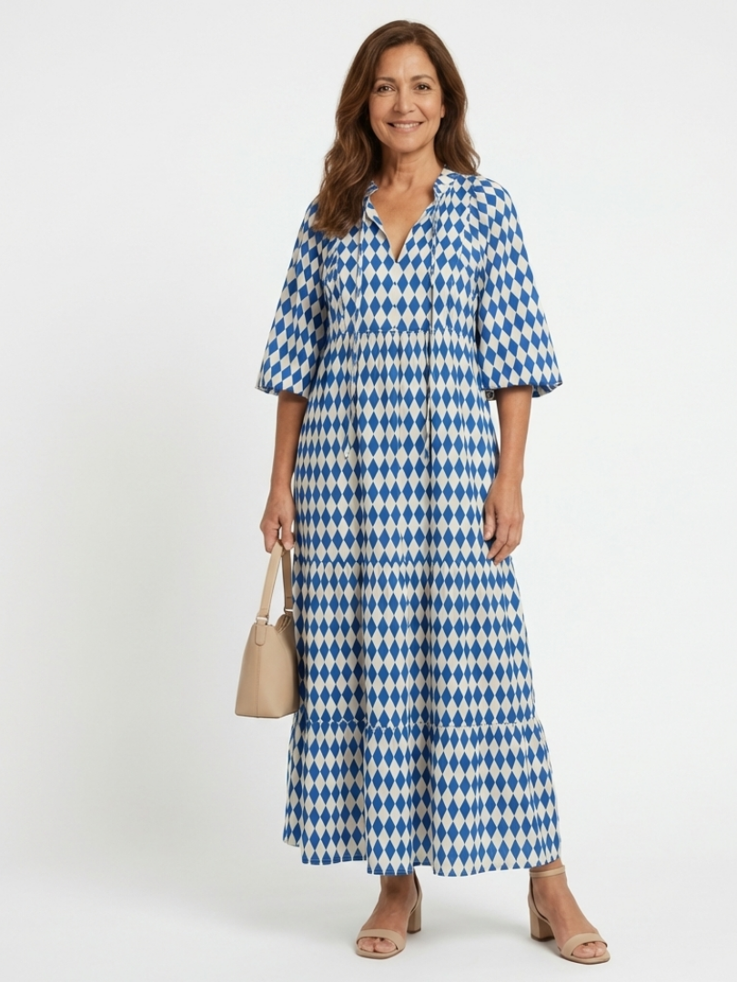 Elspeth Diamond Print Tiered Midi Dress