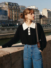 Selena Polo Contrast Collar 100% Wool Knit Sweater
