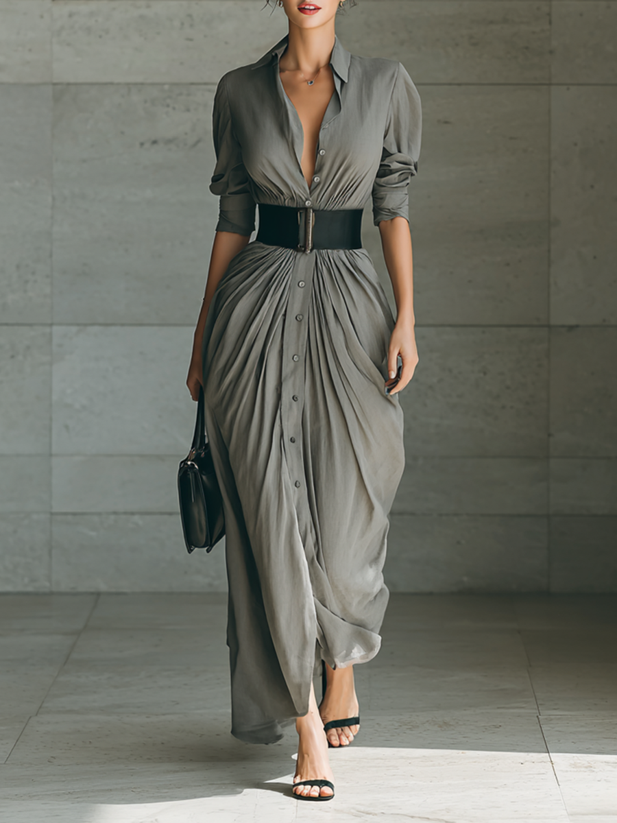 POLLY | BELTED PLEATED MAXI SHIRT DRESS