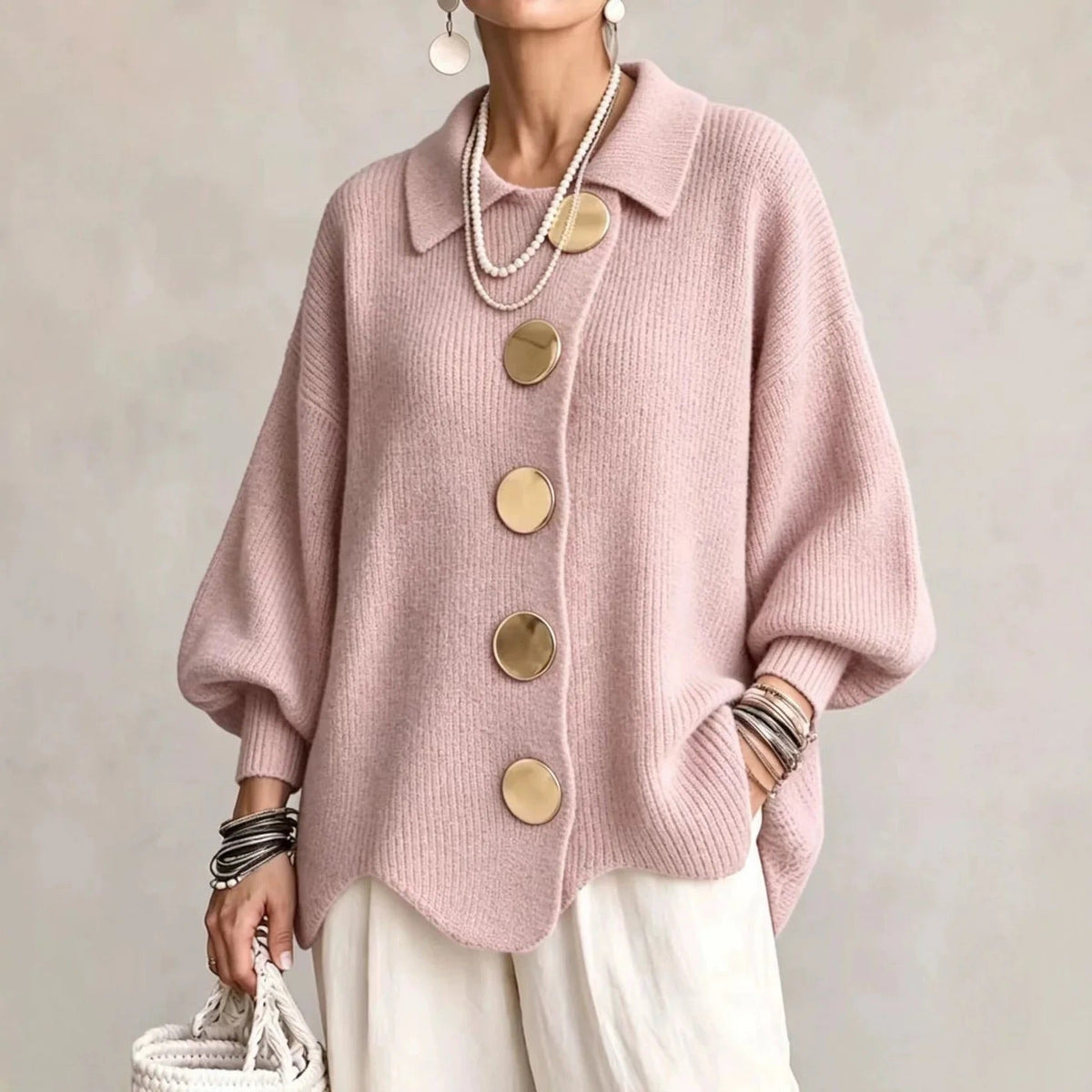 Cressida | Oversized Gold-Button Collared Cardigan