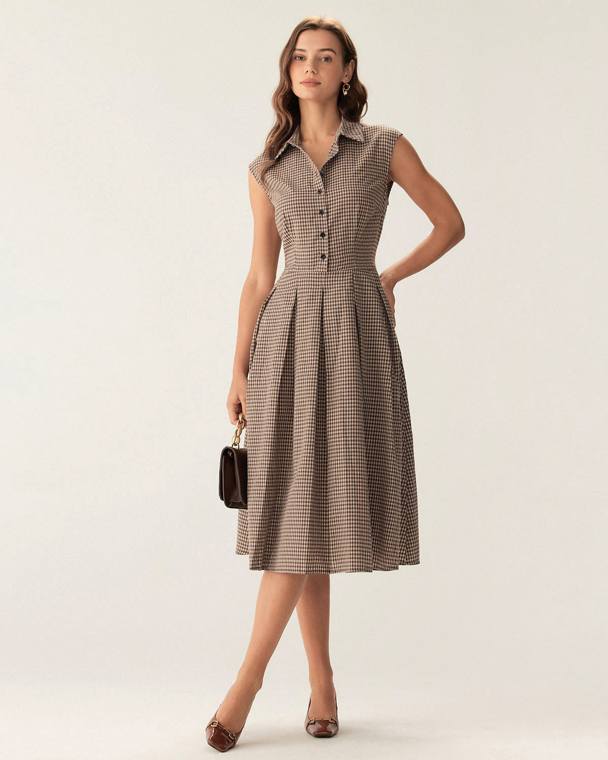 Esmeralda | Brown Plaid Button Pleated Midi Dress