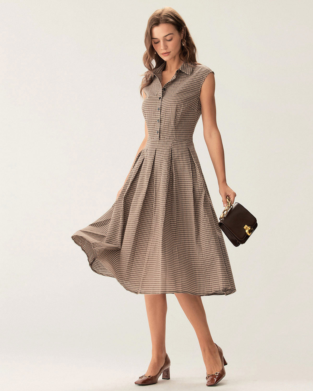 Esmeralda | Brown Plaid Button Pleated Midi Dress