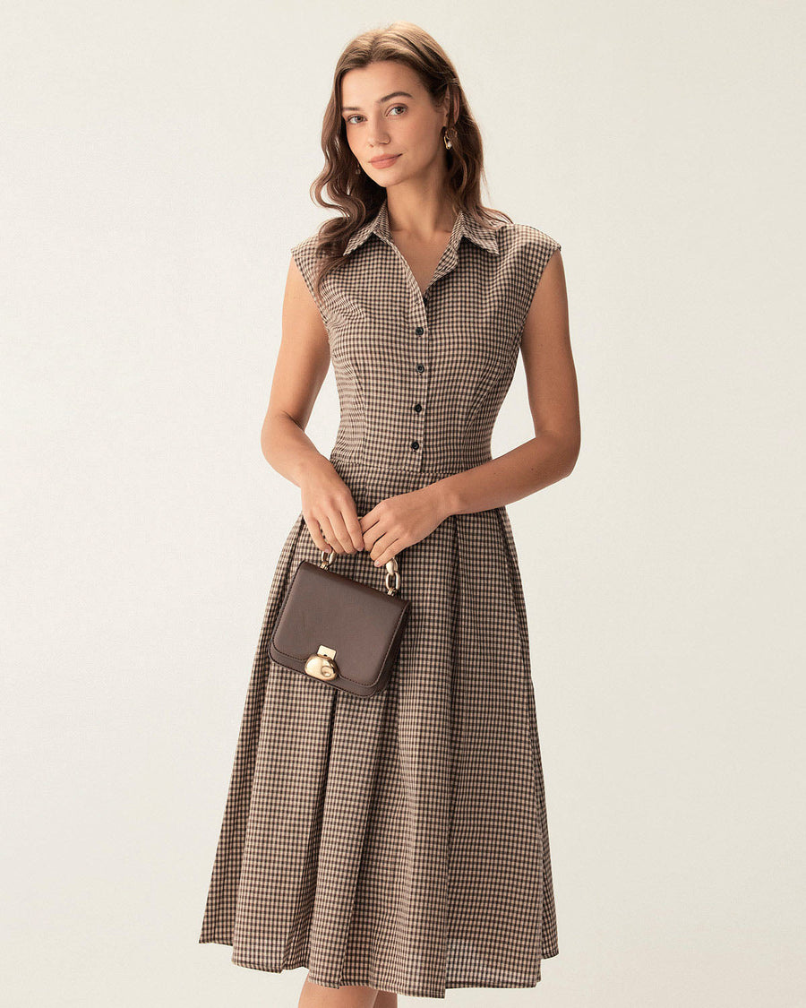 Esmeralda | Brown Plaid Button Pleated Midi Dress