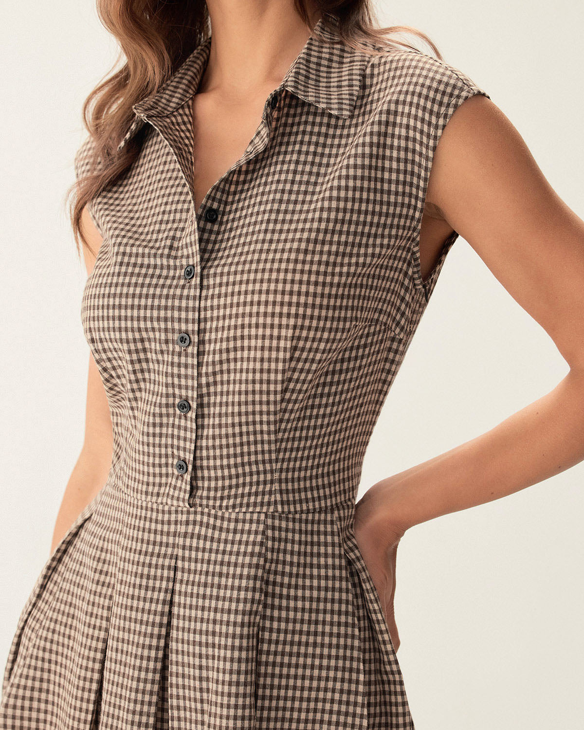 Esmeralda | Brown Plaid Button Pleated Midi Dress
