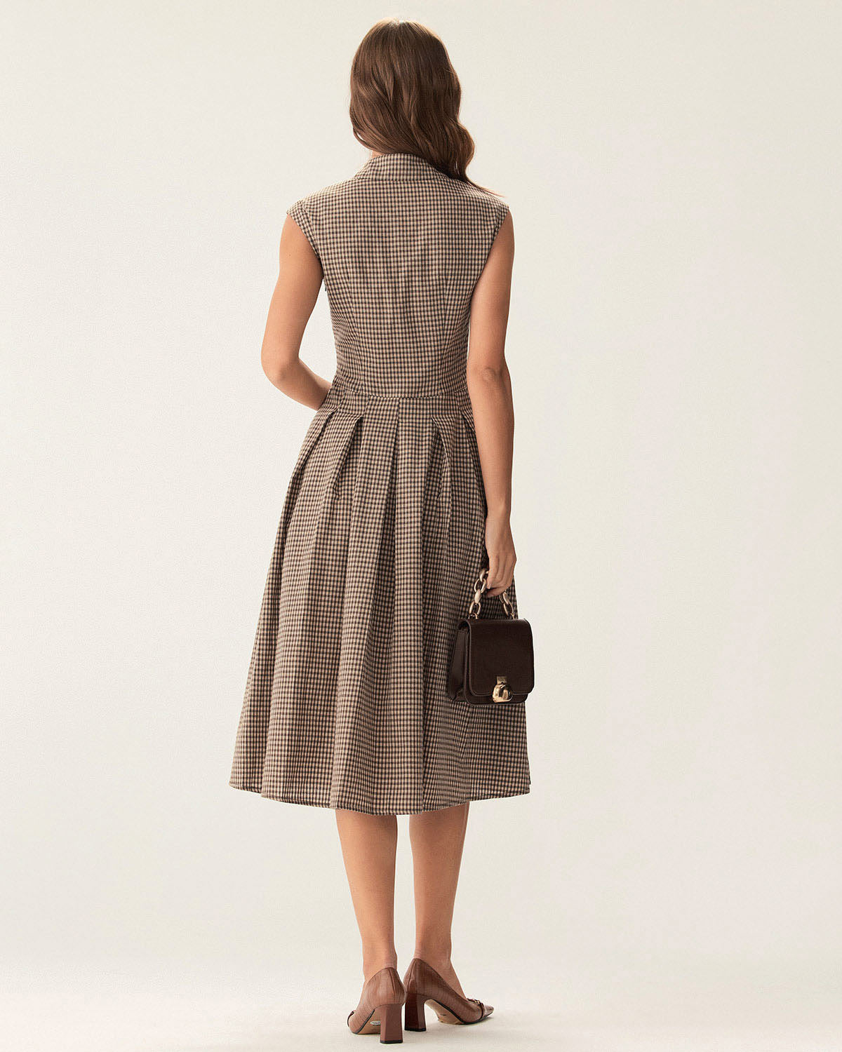 Esmeralda | Brown Plaid Button Pleated Midi Dress