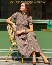 Marielle | Midi Coffee Plaid Shirred Puffed Sleeve Midi Dress