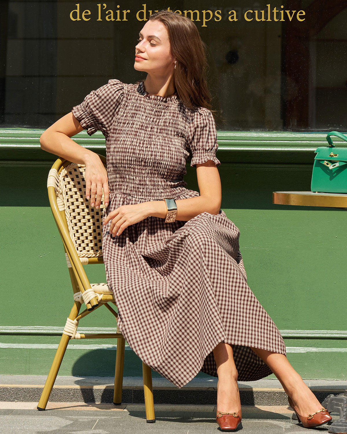 Marielle | Midi Coffee Plaid Shirred Puffed Sleeve Midi Dress