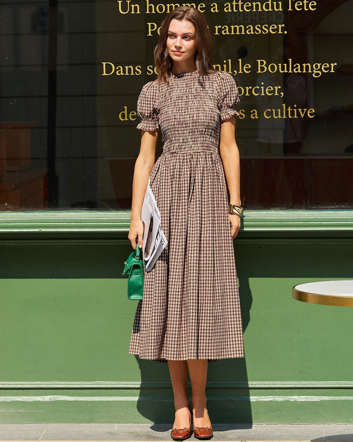 Marielle | Midi Coffee Plaid Shirred Puffed Sleeve Midi Dress