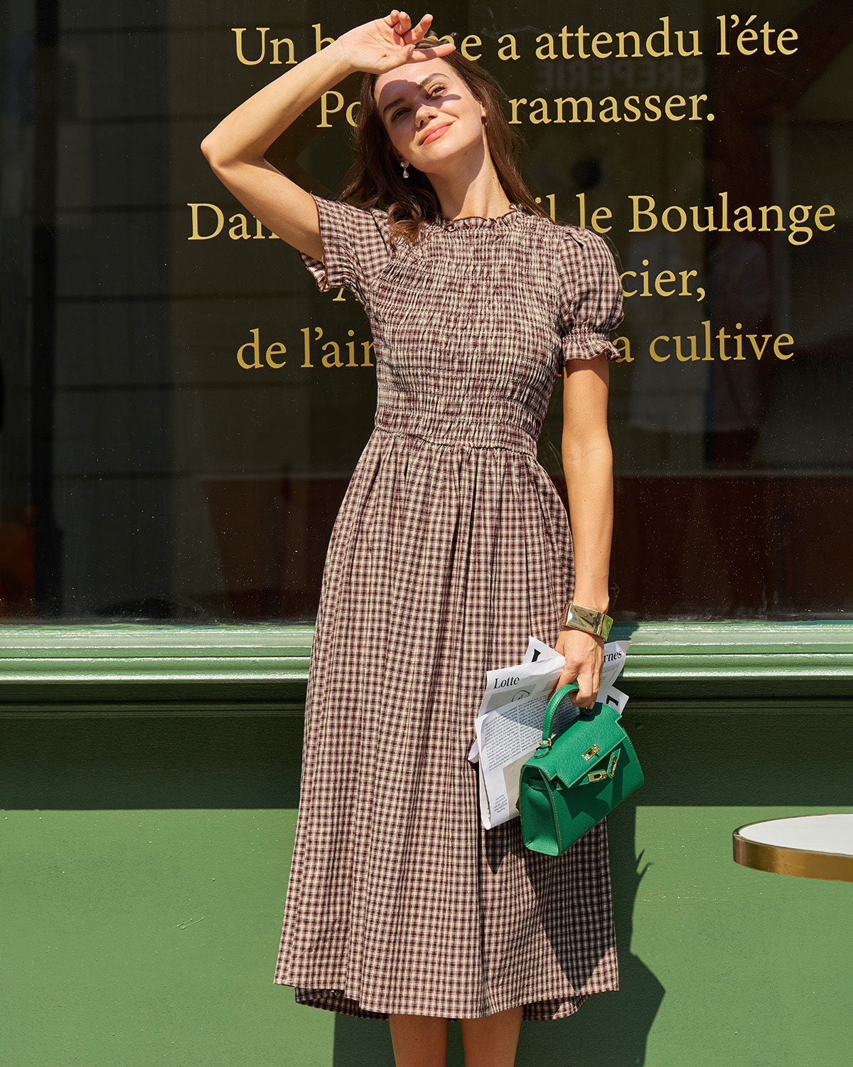 Marielle | Midi Coffee Plaid Shirred Puffed Sleeve Midi Dress