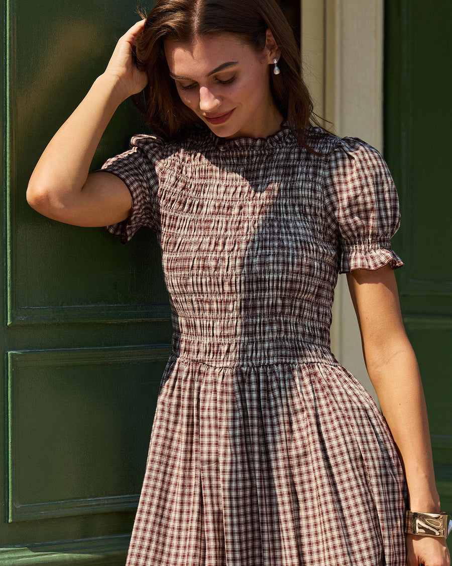 Marielle | Midi Coffee Plaid Shirred Puffed Sleeve Midi Dress