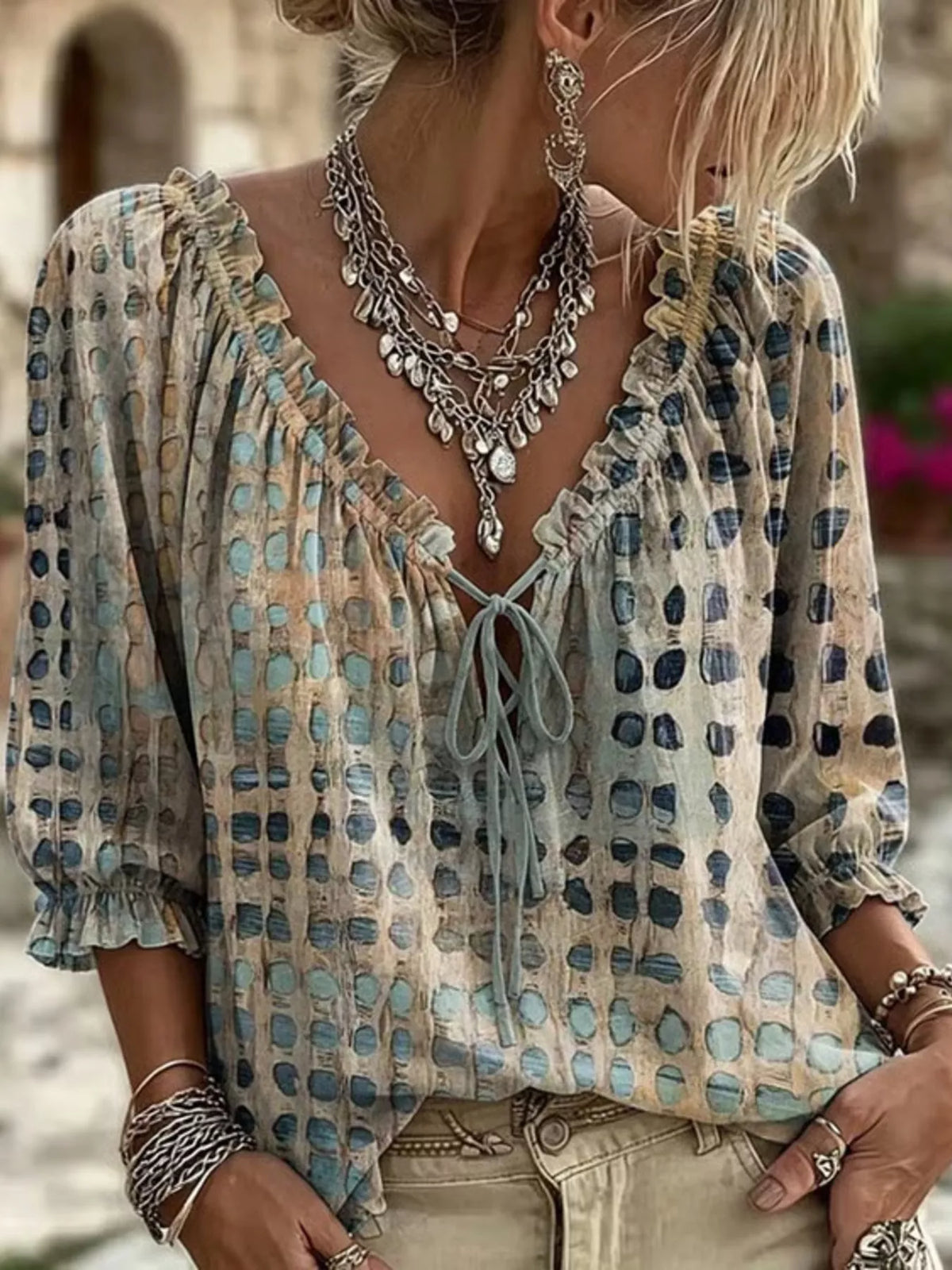 Harper Boho Blouse | Plus Size Abstract Print Tie-Neck Blouse