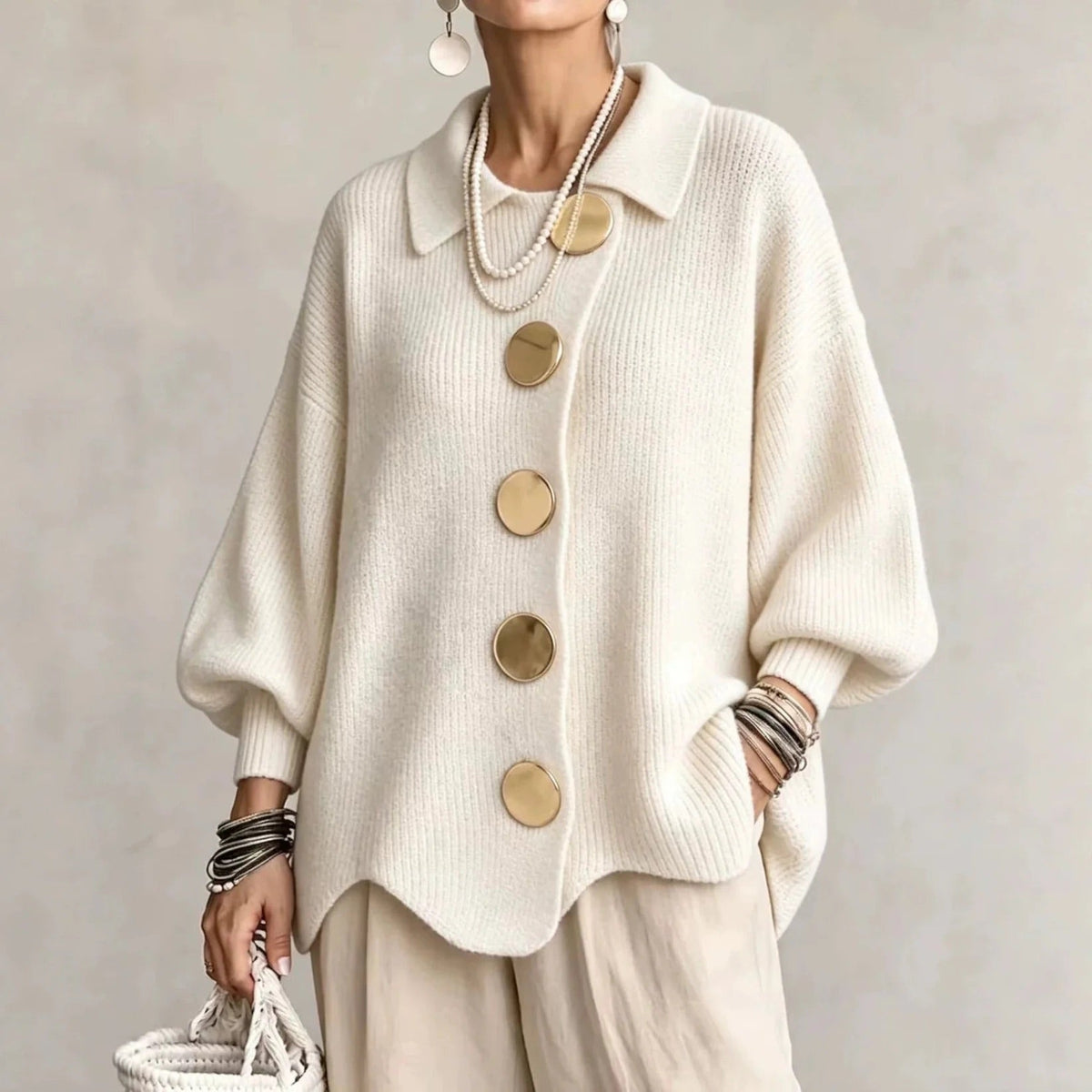 Cressida | Oversized Gold-Button Collared Cardigan