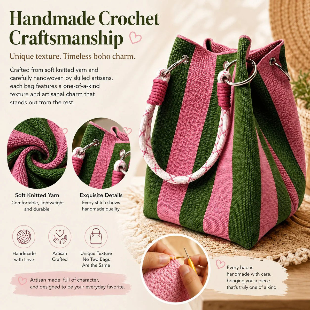 Boho Striped Knit Bucket Handbag