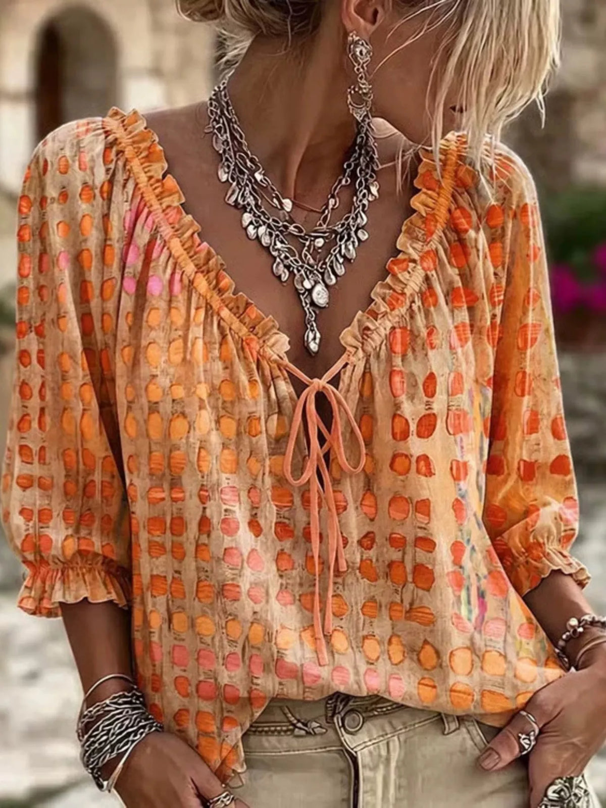 Harper Boho Blouse | Plus Size Abstract Print Tie-Neck Blouse
