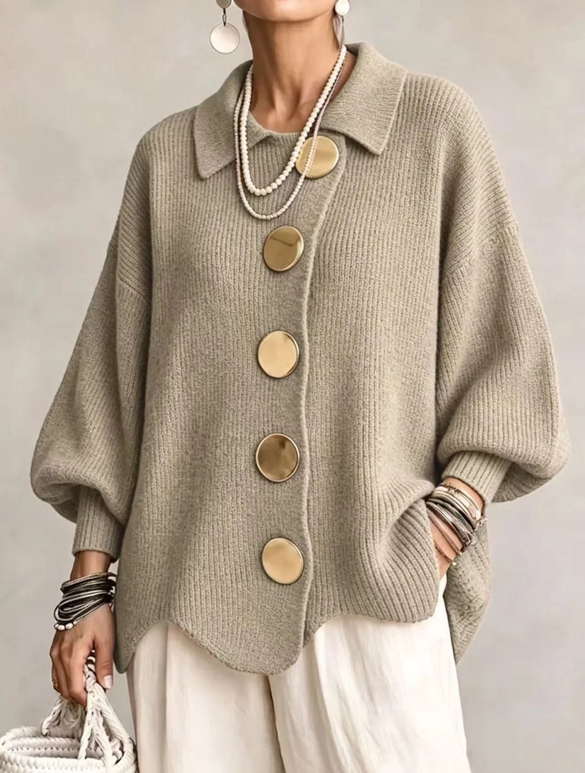 Cressida | Oversized Gold-Button Collared Cardigan