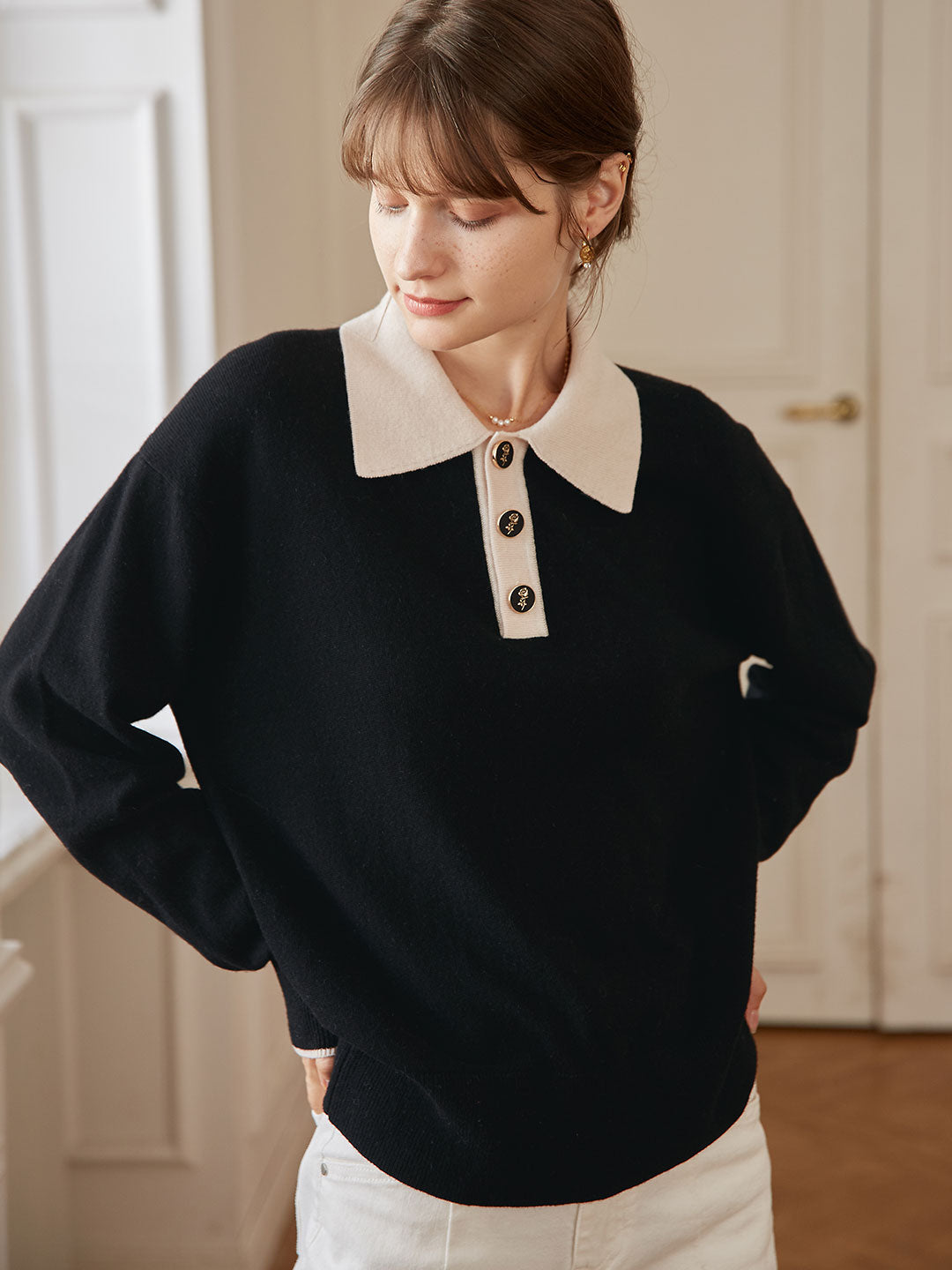 Selena Polo Contrast Collar 100% Wool Knit Sweater