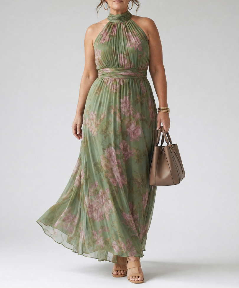 Serena™ | Long green floral chiffon dress with halter neck
