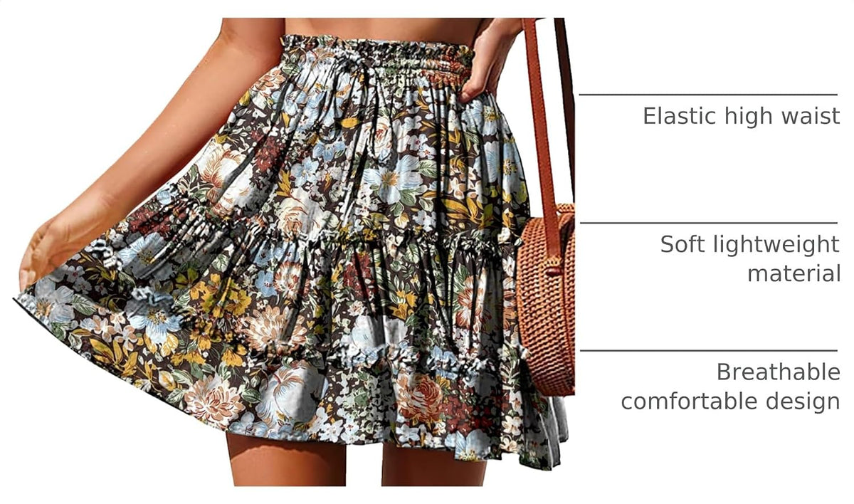 NASHALYLY Women's Boho Floral Mini Skirt High Waist Drawstring