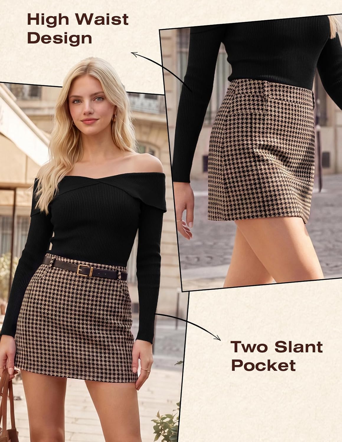 Women Plaid Mini Skirts with Shorts, High Waist Pencil Skort with Pockets
