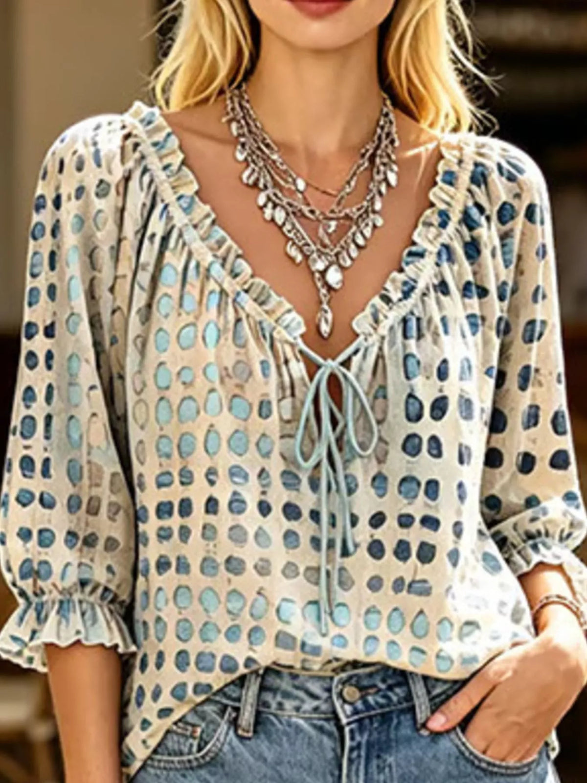 Harper Boho Blouse | Plus Size Abstract Print Tie-Neck Blouse