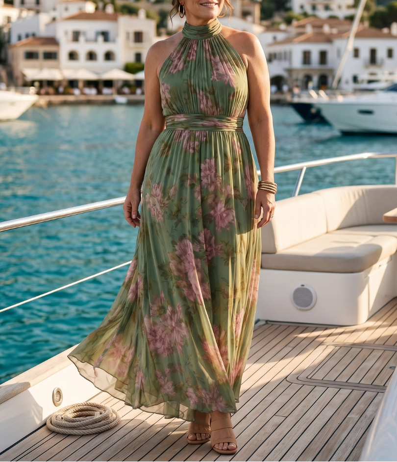 Serena™ | Long green floral chiffon dress with halter neck