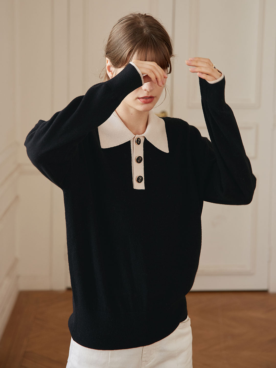Selena Polo Contrast Collar 100% Wool Knit Sweater