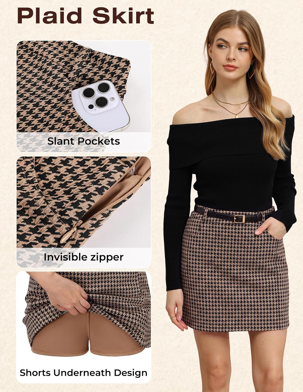 Women Plaid Mini Skirts with Shorts, High Waist Pencil Skort with Pockets