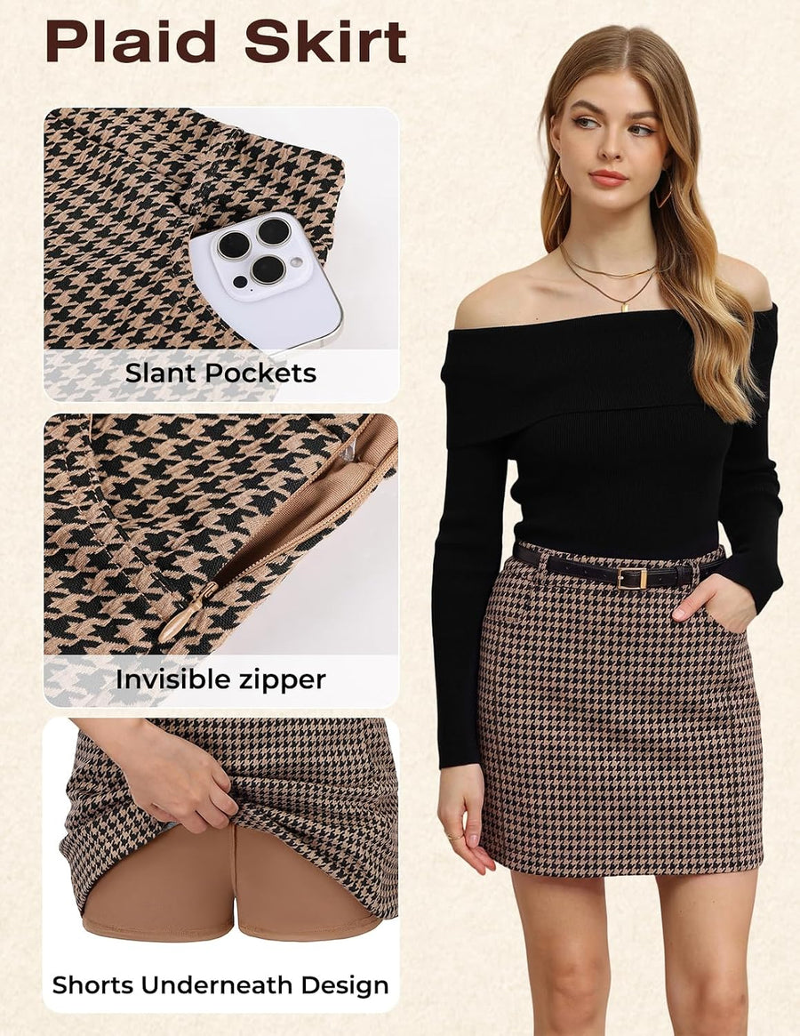 Women Plaid Mini Skirts with Shorts, High Waist Pencil Skort with Pockets