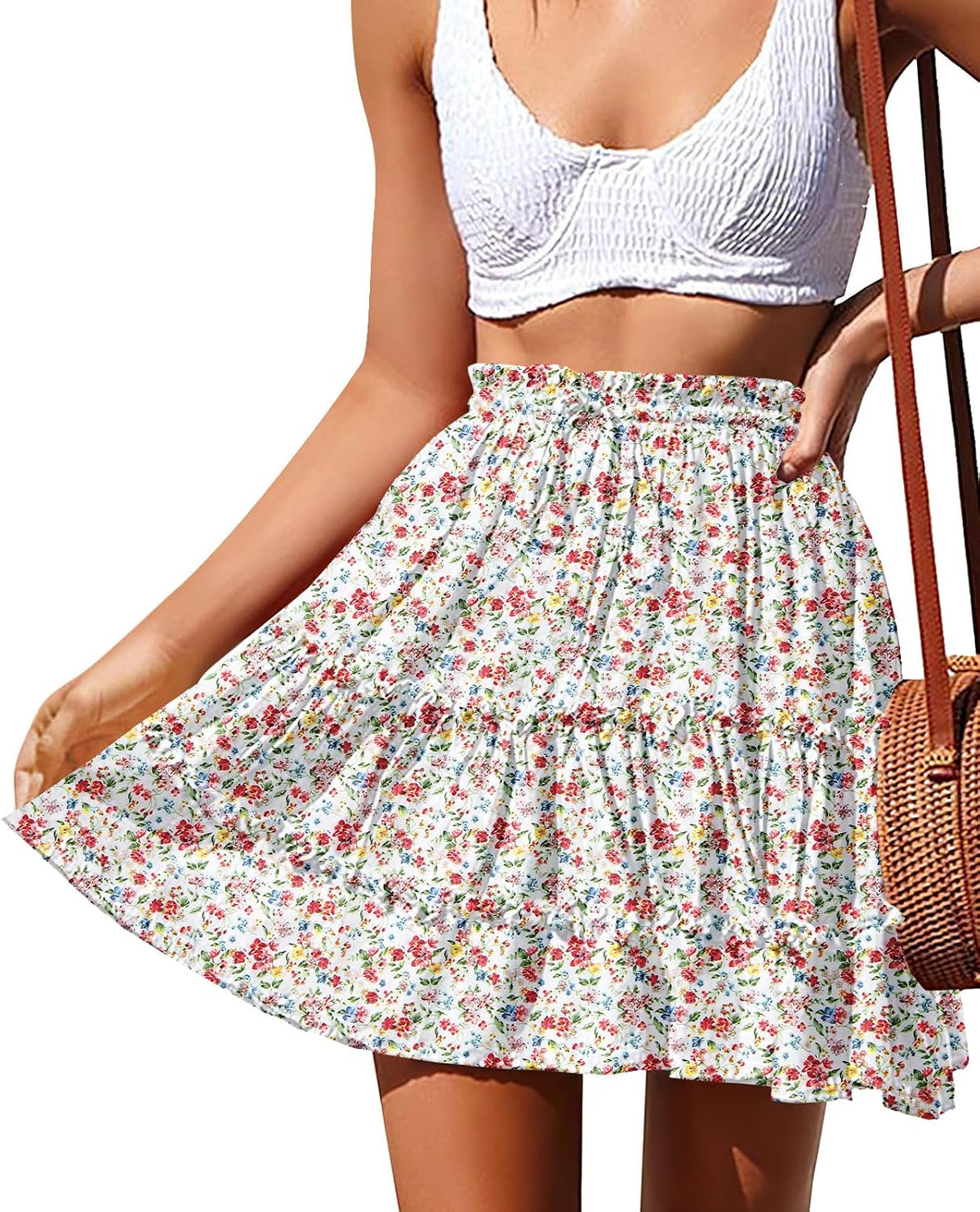 NASHALYLY Women's Boho Floral Mini Skirt High Waist Drawstring
