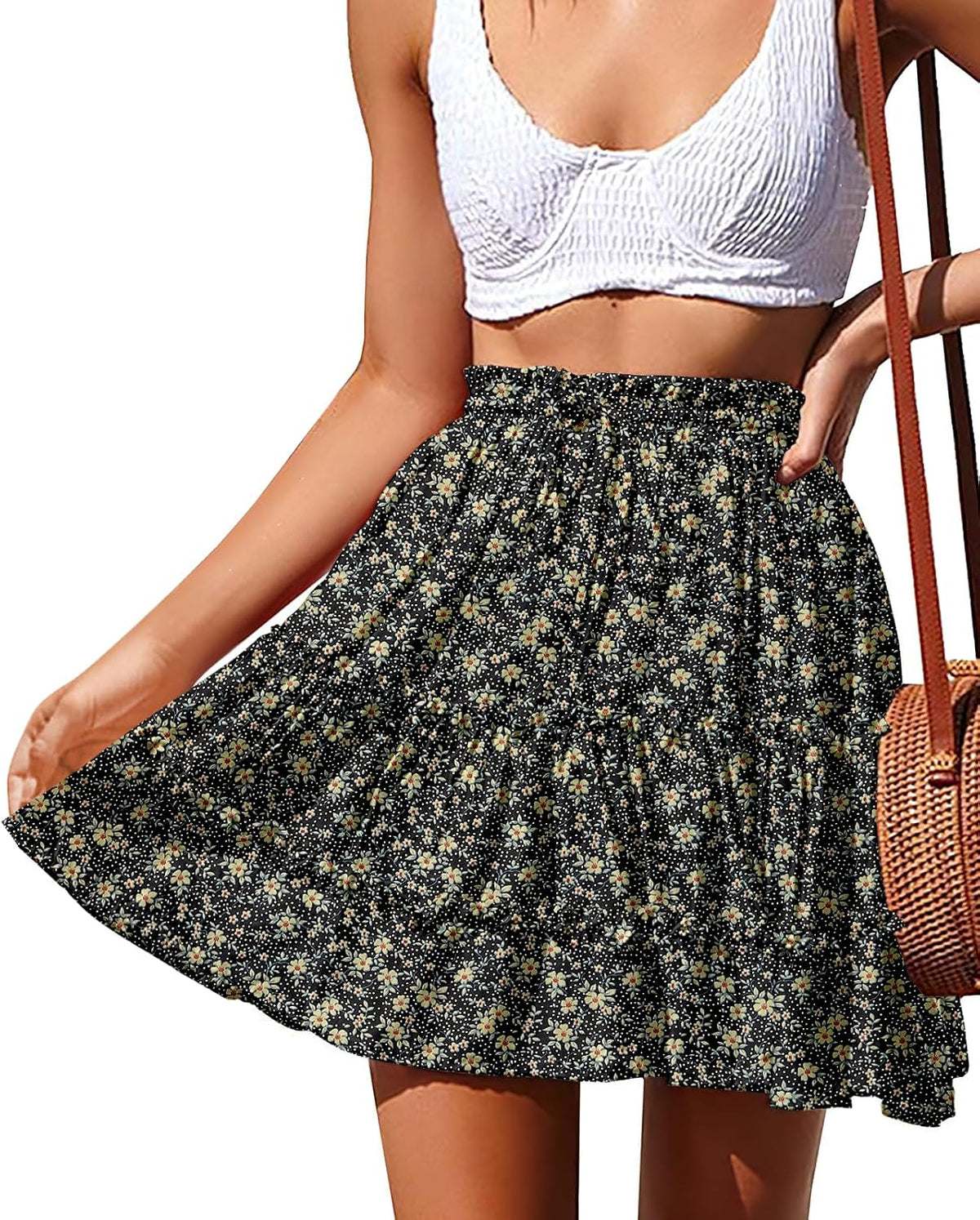 NASHALYLY Women's Boho Floral Mini Skirt High Waist Drawstring