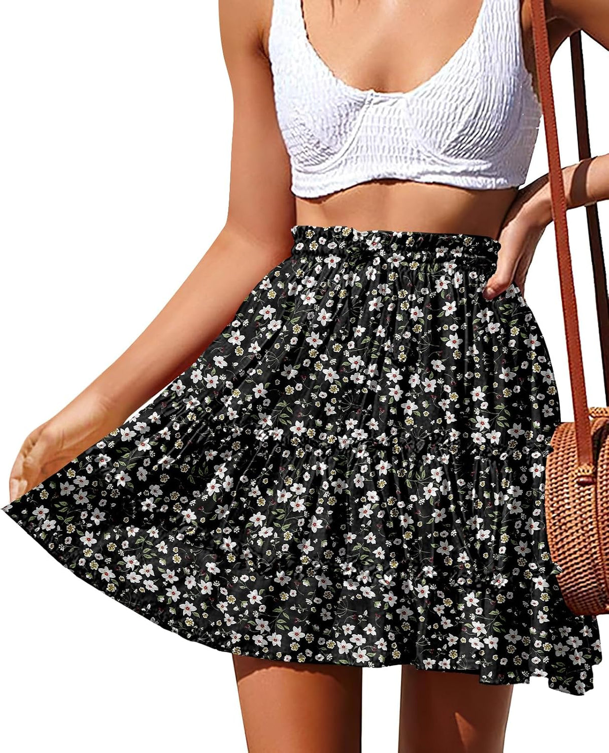 NASHALYLY Women's Boho Floral Mini Skirt High Waist Drawstring