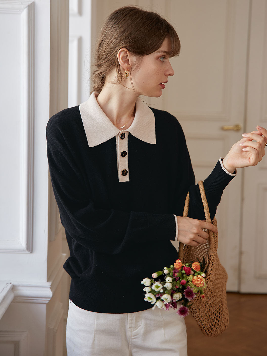 Selena Polo Contrast Collar 100% Wool Knit Sweater