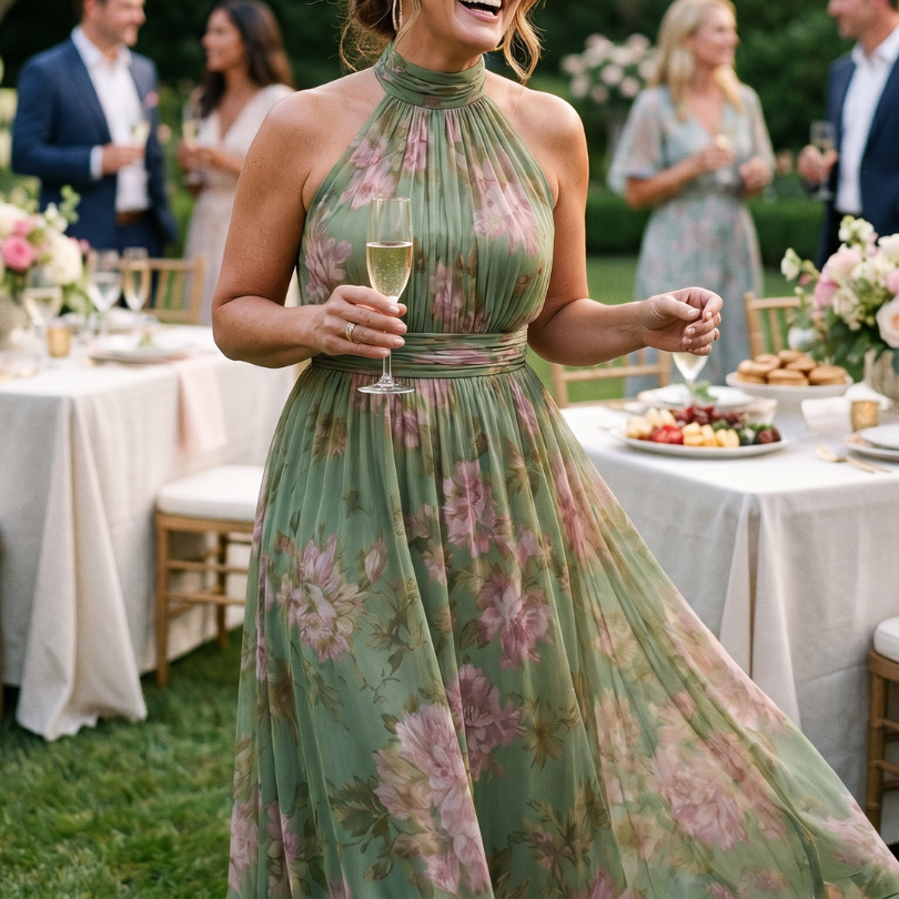 Serena™ | Long green floral chiffon dress with halter neck