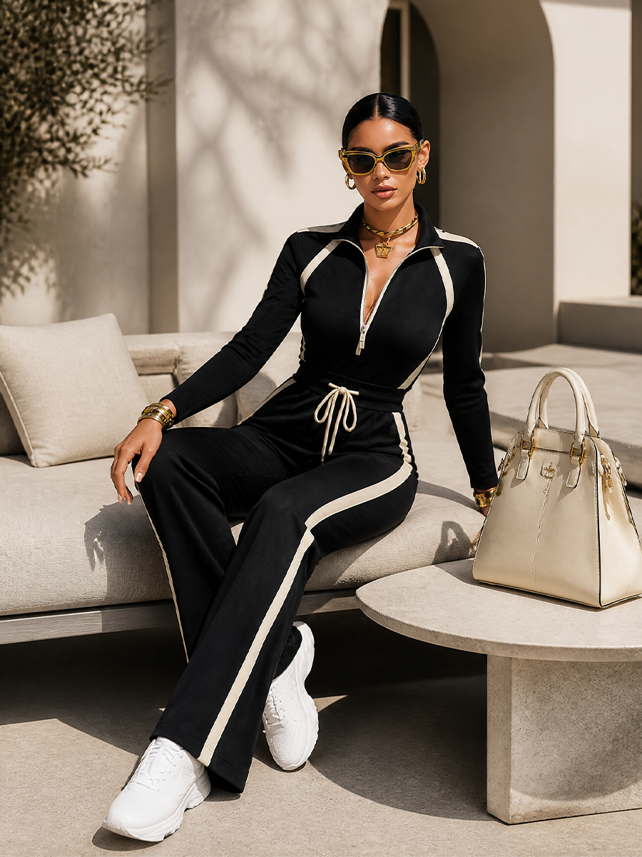 MONICA | STRIPED HALF-ZIP WIDE-LEG TRACKSUIT SET
