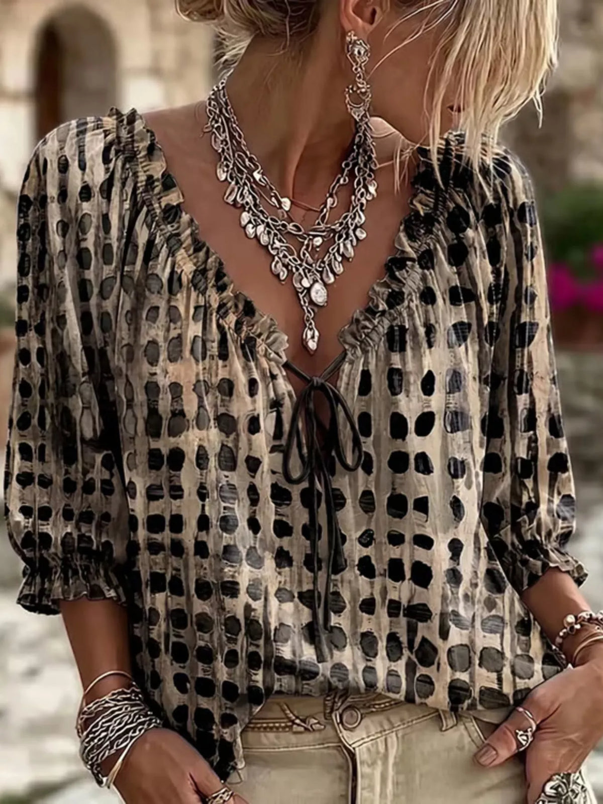 Harper Boho Blouse | Plus Size Abstract Print Tie-Neck Blouse